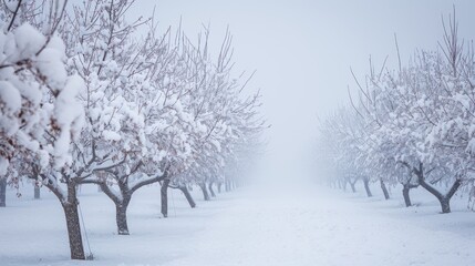  a row of trees covered in snow next to a forest filled with lots of trees covered in snow and surrounded by a line of snow covered trees on both sides.