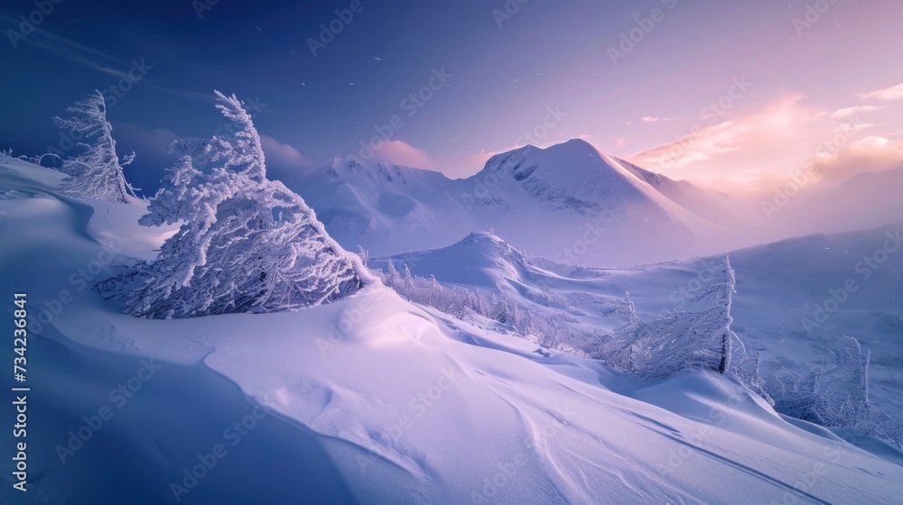 Poster a snowy mountain covered in snow under a blue sky with a few clouds and a few trees in the foregroun