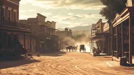 A captivating scene of a Western town at sunset, featuring horse-drawn carriages and vintage storefronts bathed in a dusty golden light. Resplendent. - obrazy, fototapety, plakaty