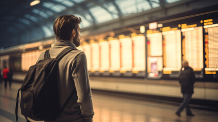 Obraz premium Handsome young man with backpack waiting for train at the station