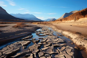 Fotobehang Arid scenario melted glaciers and dry rivers show climate impact., generative IA © JONATAS