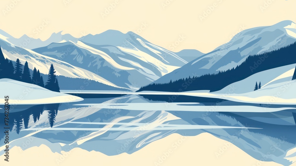 Poster a lake surrounded by snow covered mountains with trees in the foreground and a lake in the foregroun