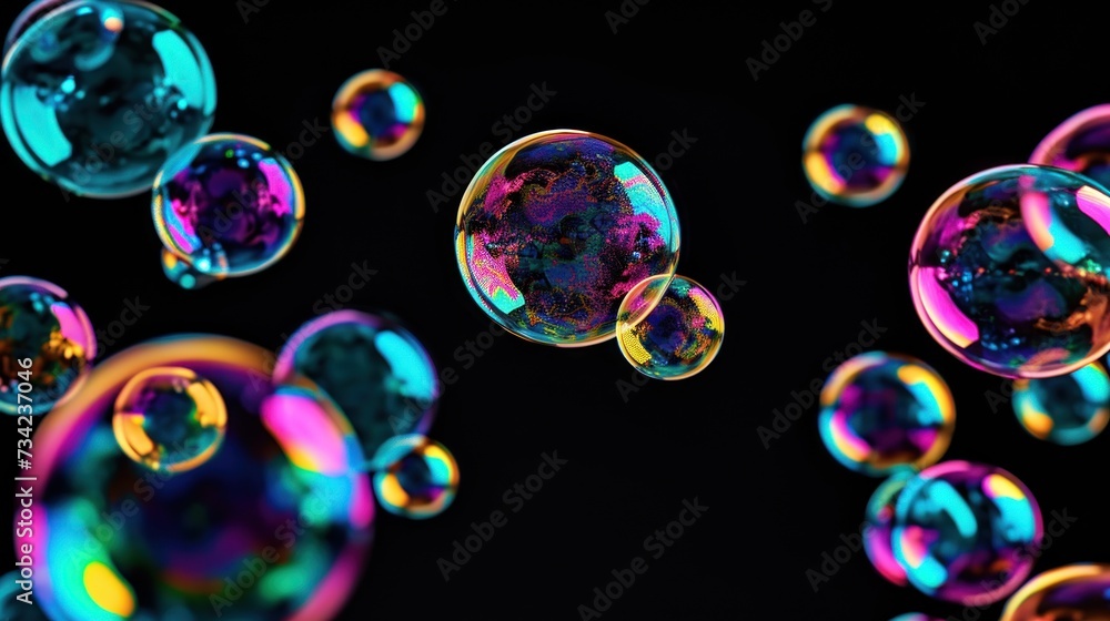 Poster a group of soap bubbles floating on top of a black surface with multicolored bubbles floating on top