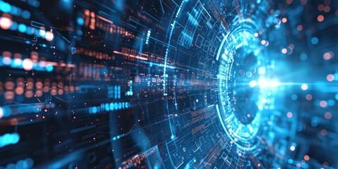 Abstract high-tech background for presentations and websites. Big data background with glowing dynamic lines, binary code. Futuristic neon stripes.