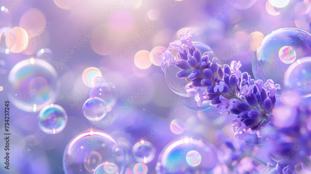 Poster a bunch of soap bubbles with a bunch of lavender on the top of them and a bunch of bubbles on the bo