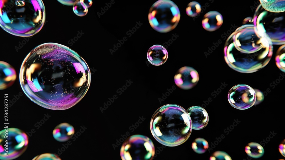 Poster a bunch of soap bubbles floating in the air on a black background with a few more bubbles in the air