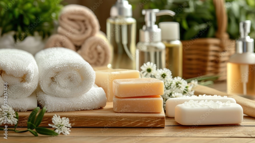 Poster a wooden cutting board topped with lots of different types of soaps and handmade soaps on top of a w