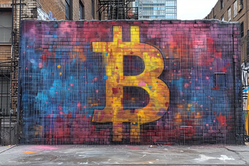 A large-scale mural of the Bitcoin logo, painted on a city wall in the Street Art style