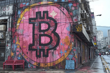 A large-scale mural of the Bitcoin logo, painted on a city wall in the Street Art style