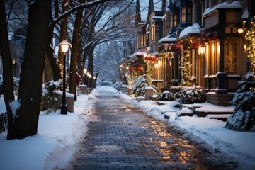 Fototapeta na wymiar Snow falling into street illuminated by Christmas lights., generative IA
