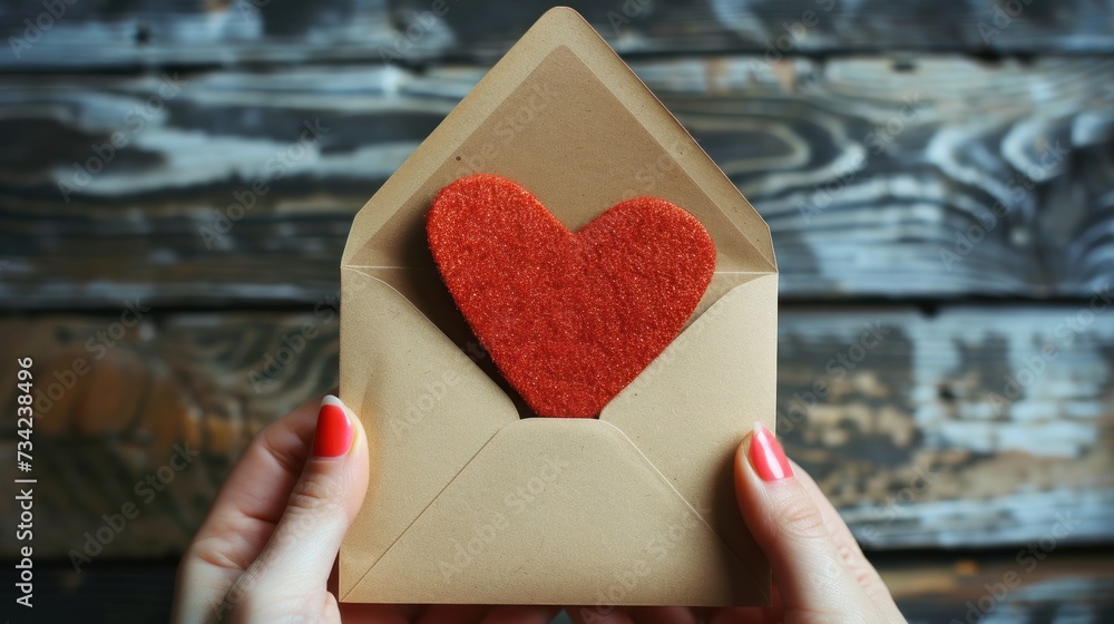 Poster a close up of a person holding an envelope with a red felt heart in the middle of it and an envelope