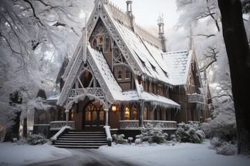 Gothic church snow -covered during storm., generative IA