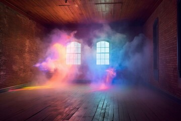 An empty room with brick walls, neon lights, laser lines, and multi-colored smoke. Generative AI