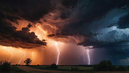Lightning during a thunderstorm on a sunset background
