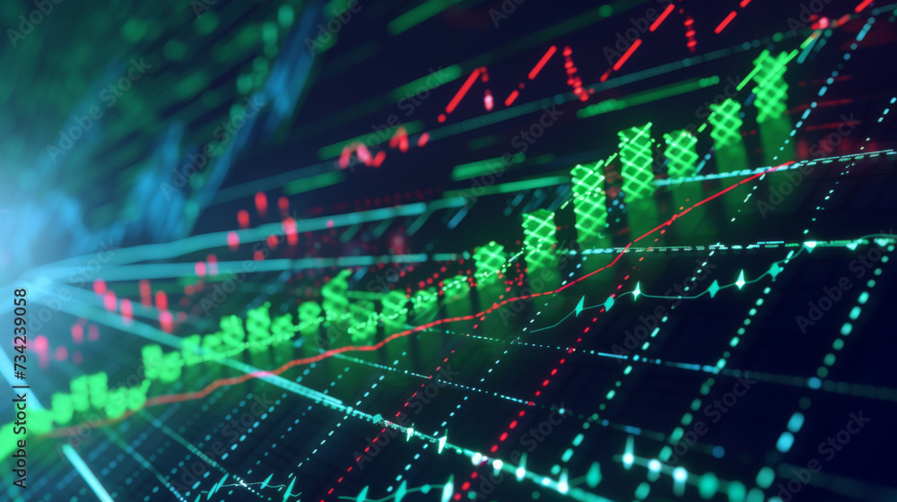 Aufkleber digital graphical representation of a stock market with fluctuating graphs, numerical data, and upwa