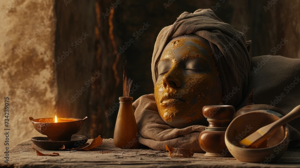 Poster a woman in a turban with a face mask on and a candle in front of her and a bowl with a candle in fro