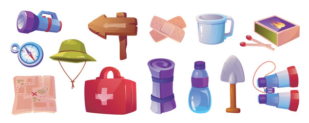 Tourism equipment mega set in cartoon graphic design. Bundle elements of flashlight, compass, hat, hiking map, first aid kit, signboard, mat, bottle, cup, shovel. Vector illustration isolated objects