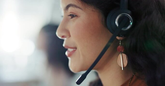 Call centre, talking and woman with headset for communication, support or customer service. Office, virtual help and female sales agent speaking for telemarketing, consultation or online assistance