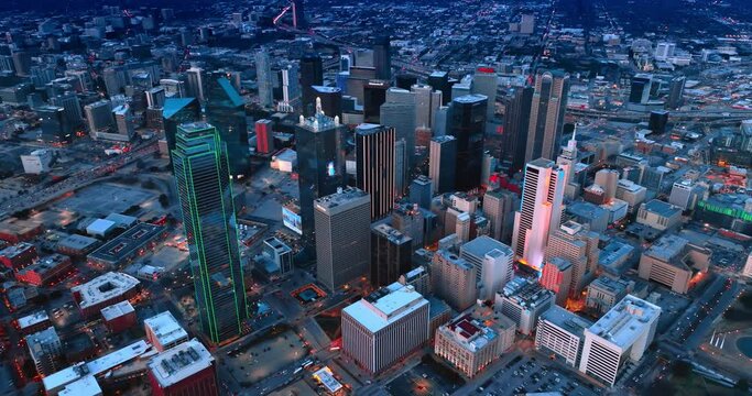 Blue light covering the scenery of Dallas, Texas at dusk. Aerial scenery of the city from top.