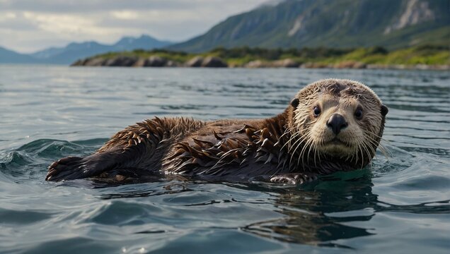 Depict adorable sea otters floating on their backs, cracking open shells, and playing in kelp forests along the coastline