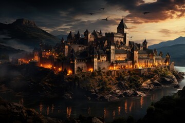 Obraz premium Medieval castle in the moonlight in romantic hill., generative IA