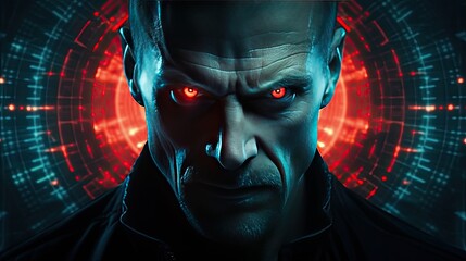 Portrait of a crazy villain with red eyes on a futuristic background. The face of an angry man is furious.