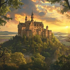 Photo sur Plexiglas Vieil immeuble A majestic and imposing castle perched on a hill, surrounded by lush greenery and bathed in the warm light of a setting sun.