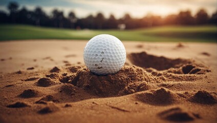 golf ball on sand pit - obrazy, fototapety, plakaty