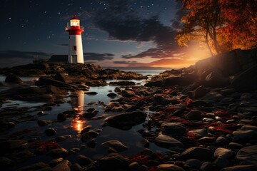 Lonely lighthouse illuminated by moonlight in a rocky peninsula by the sea., generative IA