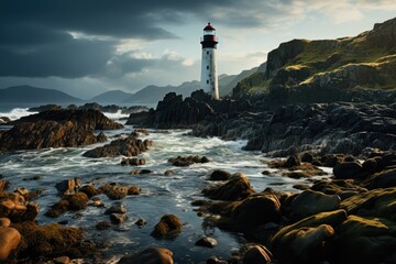 Lonely lighthouse illuminated by moonlight in a rocky peninsula by the sea., generative IA - obrazy, fototapety, plakaty