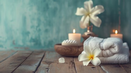  a couple of white towels sitting on top of a wooden table next to a vase with a white flower on top of it next to a couple of white candles.