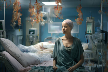 young girl in a cancer hospital fantasy ward background