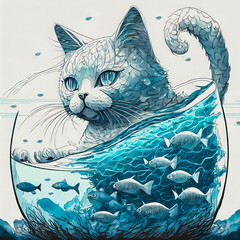 Silhouette d'un chat blanc dans un bocal rempli d'un océan de poissons avec double exposition