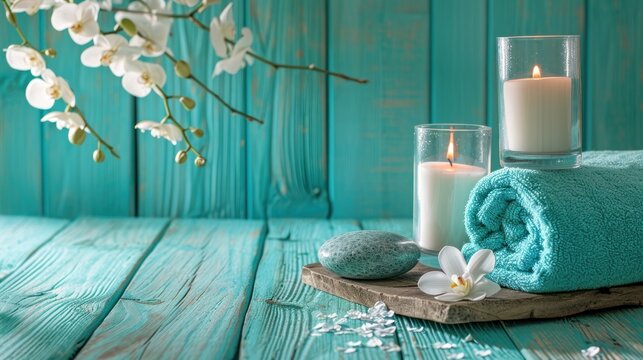  a candle, a towel, and some flowers are on a tray on a blue wooden table with a glass of water and a candle in the middle of the picture.