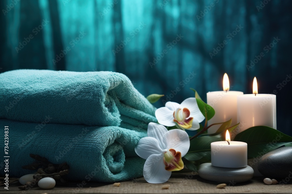 Aufkleber a couple of candles that are next to some towels and a vase with some flowers on it and some rocks o