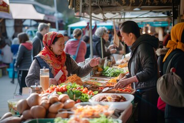 Obraz premium Heartwarming Exchange at Local Market, Elderly Woman Selling Fresh Vegetables