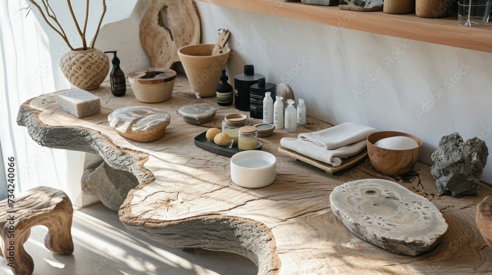 Poster a wooden table topped with lots of different types of vases and other items on top of a wooden table