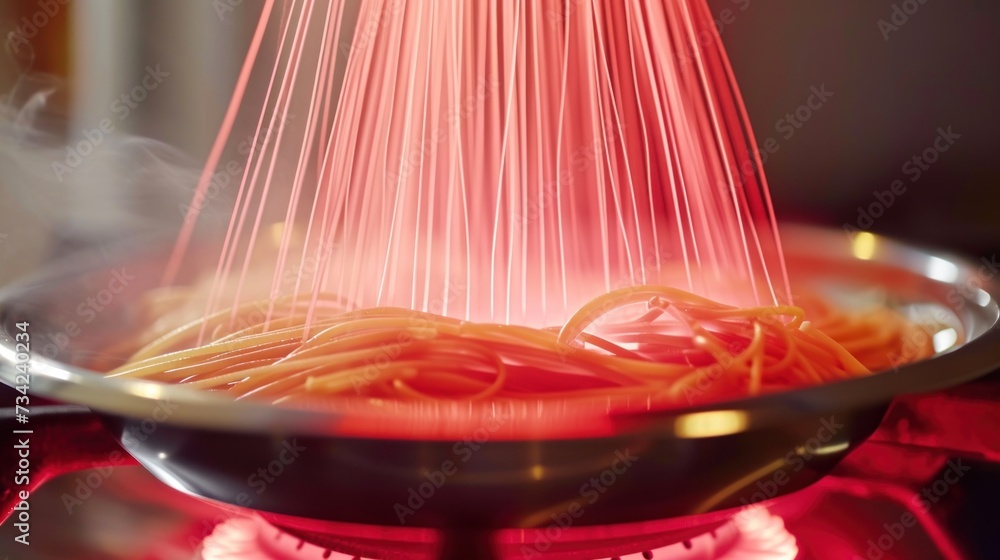 Poster spaghetti being cooked in a wok with a red light coming from the top of the wok and a red light comi