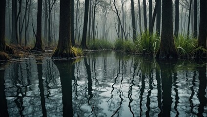 forest with tall stalks reaching the water surface 
