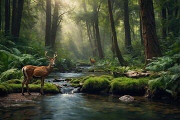  Forrest background with wildlife animals near stream