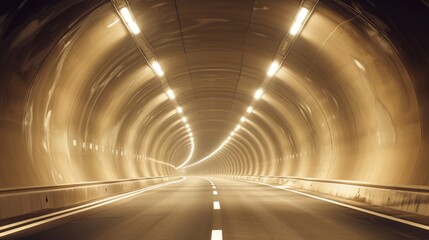 Empty road leading through an illuminated tunnel, light reflections on walls, perspective lines...