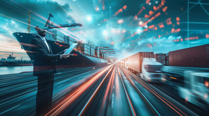 futuristic scene where a person is using augmented reality (AR) to interact with a complex interface, overlaid on a shipping port background.