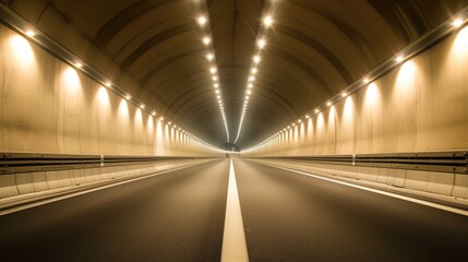 Architectural Vanishing Point: Empty Asphalt Tunnel Illuminated by Ceiling Lights illuminated...