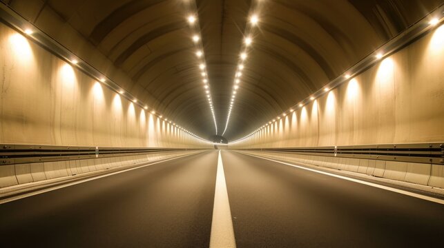 Architectural Vanishing Point: Empty Asphalt Tunnel Illuminated by Ceiling Lights illuminated ceiling lights, asphalt roadway, modern infrastructure, vanishing point, architectural design