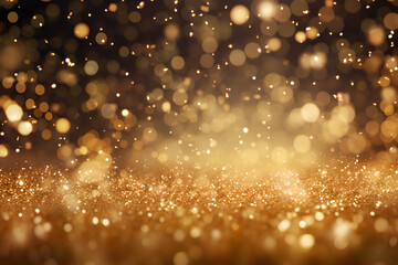 Golden abstract background with glittering gold dust particles and glittering lights and bokeh effect