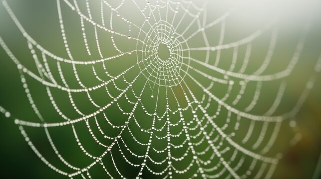  a close up of a spider web with drops of dew on the spider's web, with a blurry background of green grass and trees in the background.