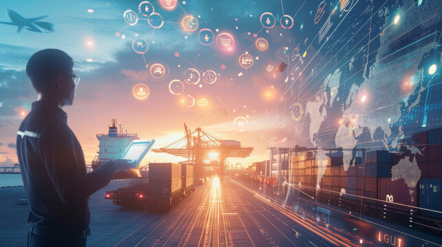 futuristic scene where a person is using augmented reality (AR) to interact with a complex interface, overlaid on a shipping port background.