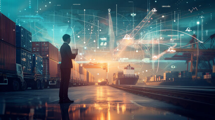 futuristic scene where a person is using augmented reality (AR) to interact with a complex interface, overlaid on a shipping port background.