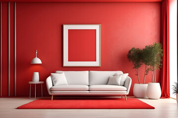 Red modern interior design with an empty blank frame design.