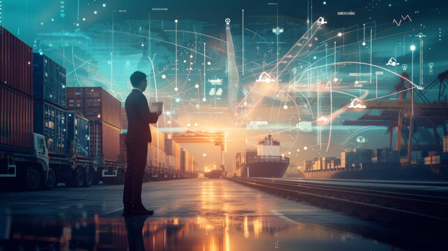 futuristic scene where a person is using augmented reality (AR) to interact with a complex interface, overlaid on a shipping port background.